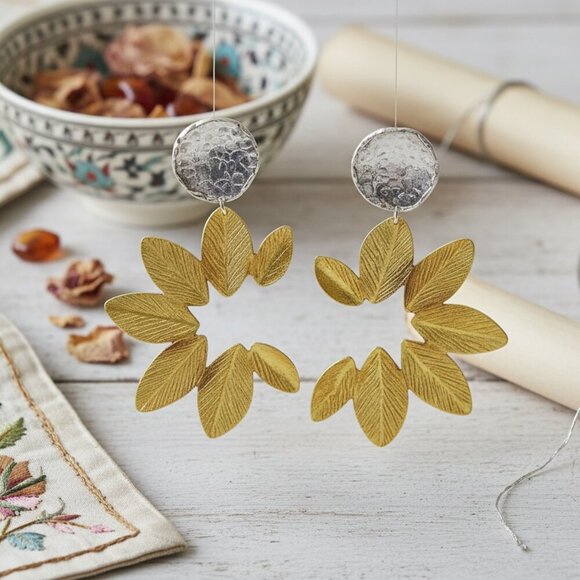 🆕️Turkish Stunning Handmade Artisan 18K Gold Plated Brass Fine Leaf Earrings - Picture 4 of 11